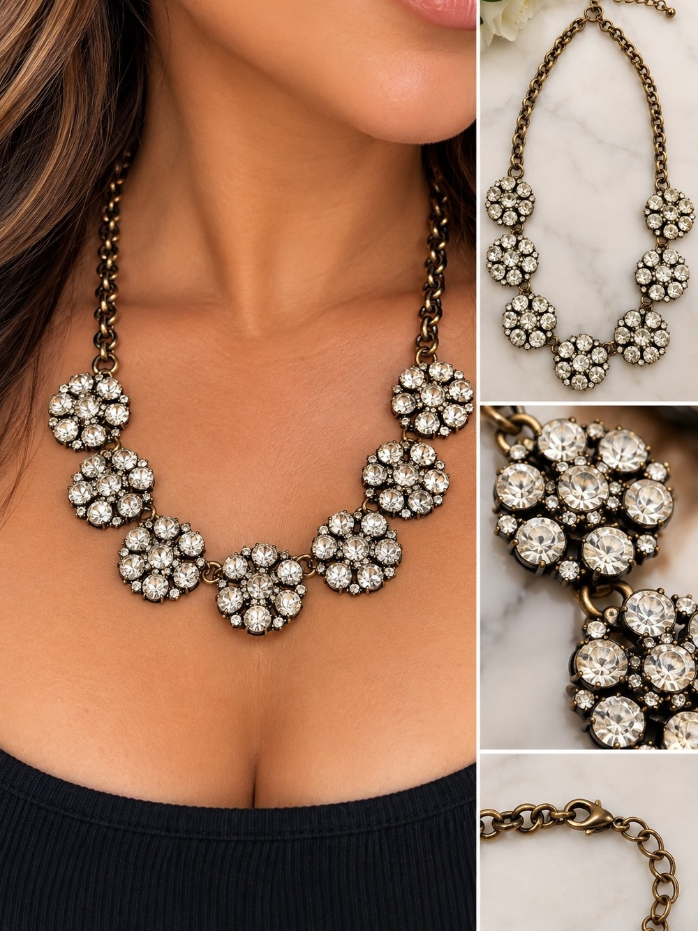 Crystal Floral Statement Necklace in Clear and Antique Gold